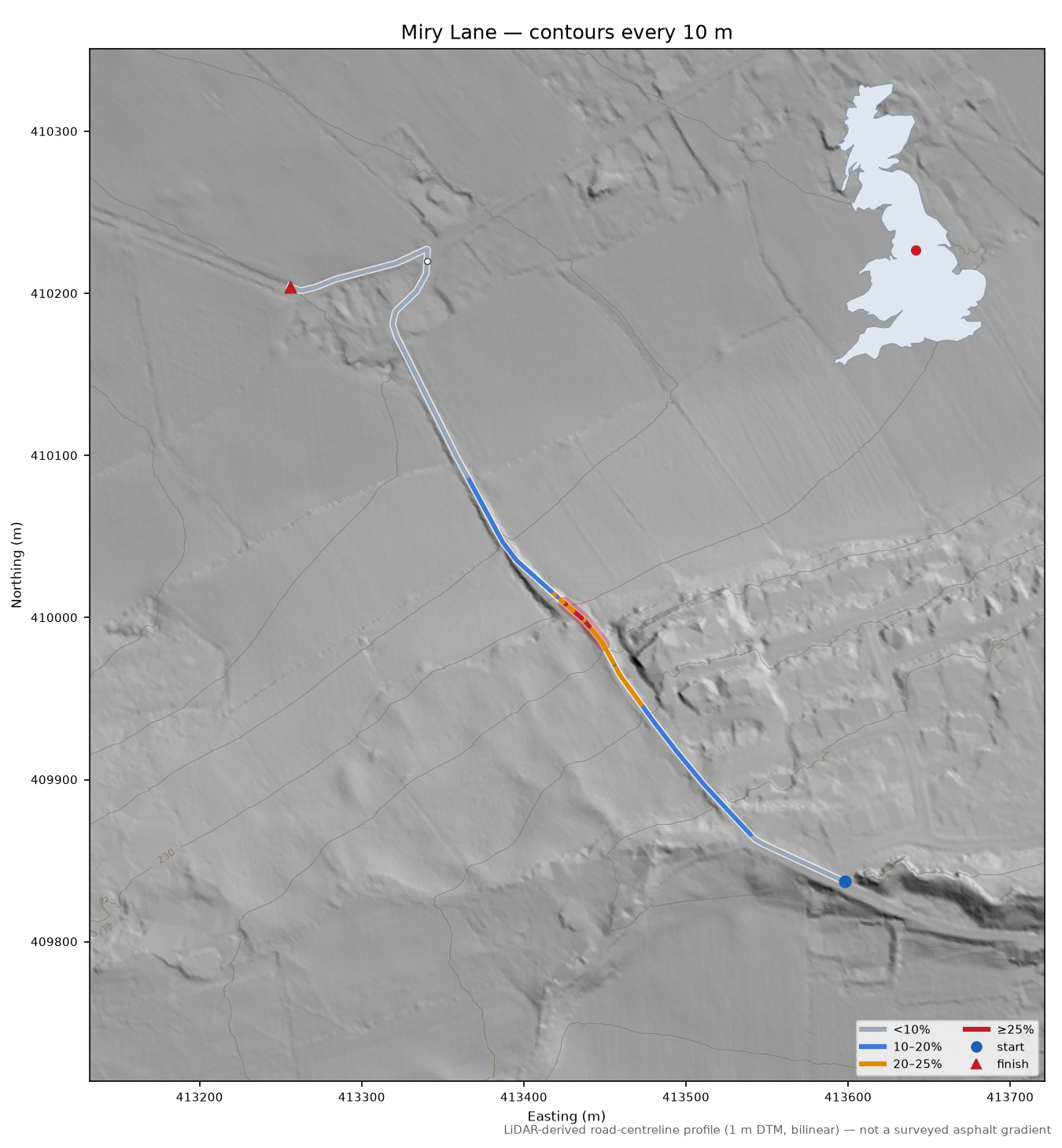 Miry Lane LiDAR hillshade map with contours