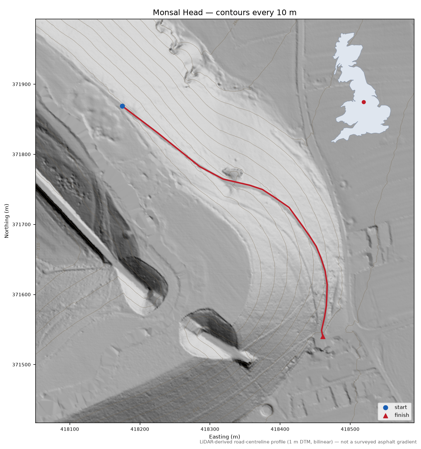 Monsal Head LiDAR hillshade map with contours