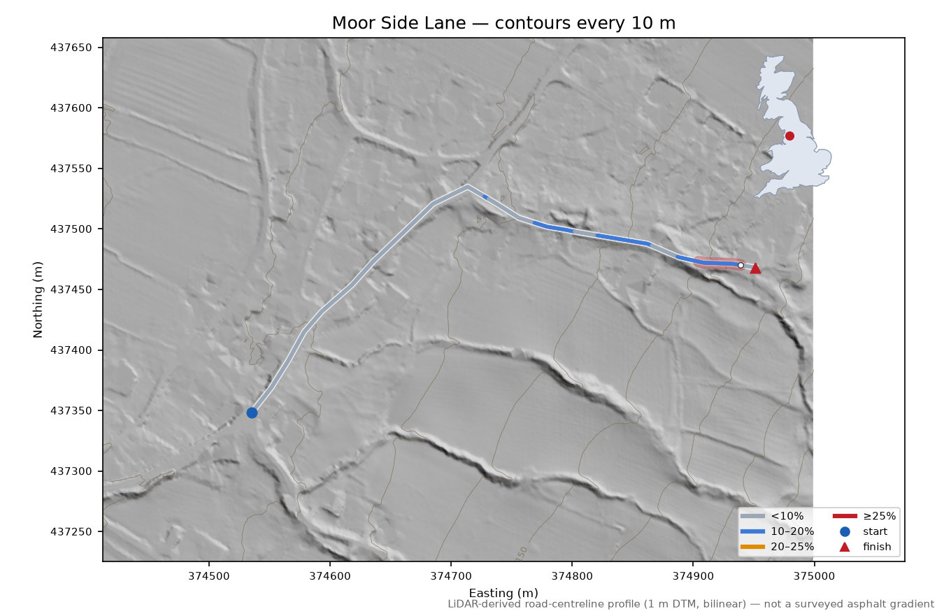 Moor Side Lane LiDAR hillshade map with contours