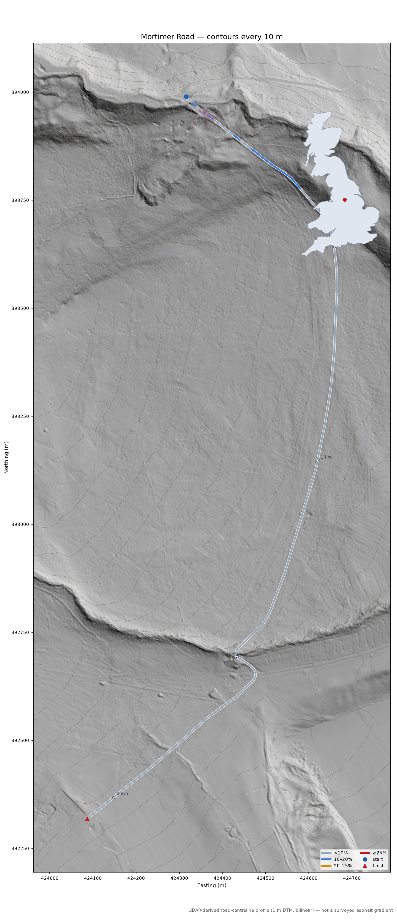 Mortimer Road LiDAR hillshade map with contours