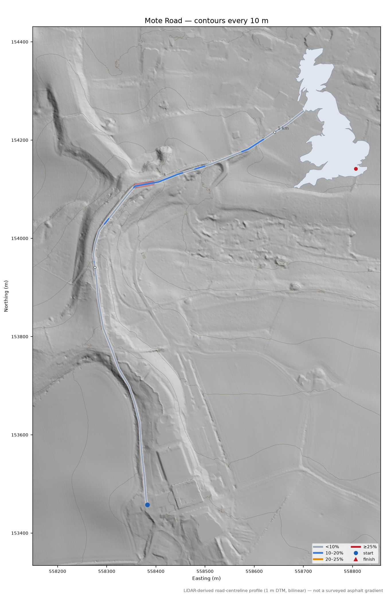 Mote Road LiDAR hillshade map with contours