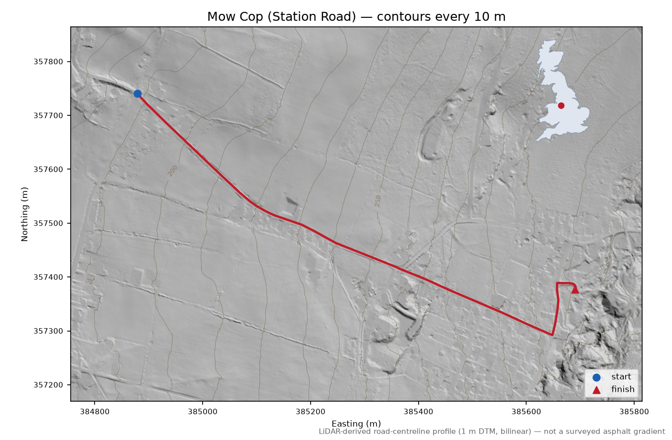 Mow Cop (Station Road) LiDAR hillshade map with contours
