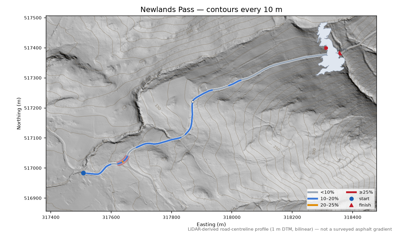 Newlands Pass LiDAR hillshade map with contours