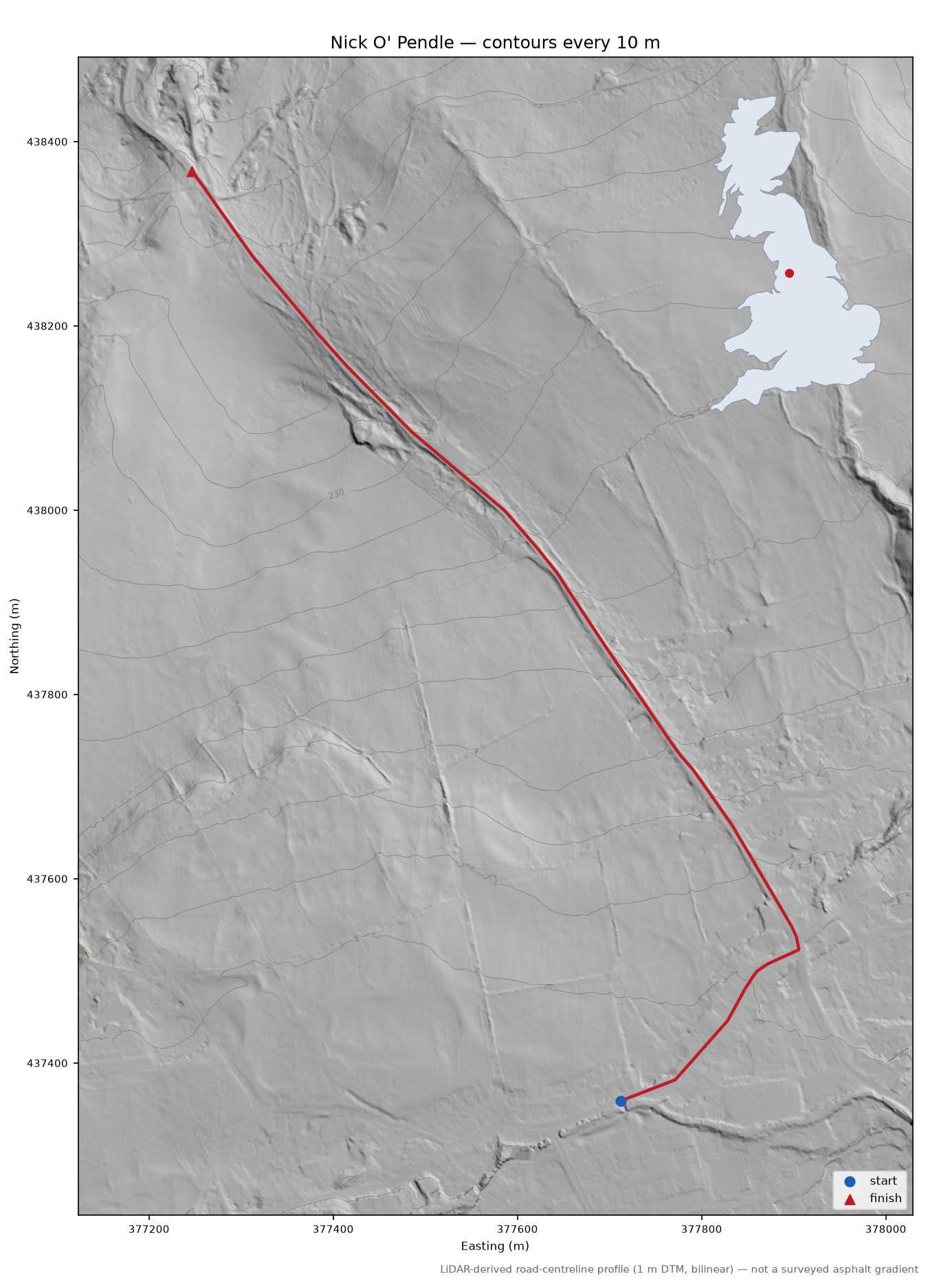 Nick O' Pendle LiDAR hillshade map with contours
