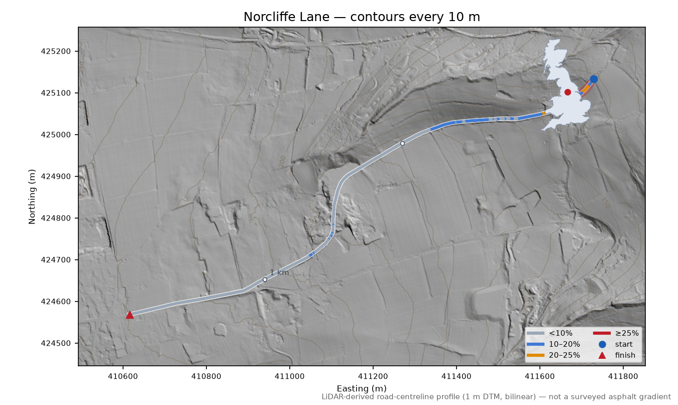 Norcliffe Lane LiDAR hillshade map with contours