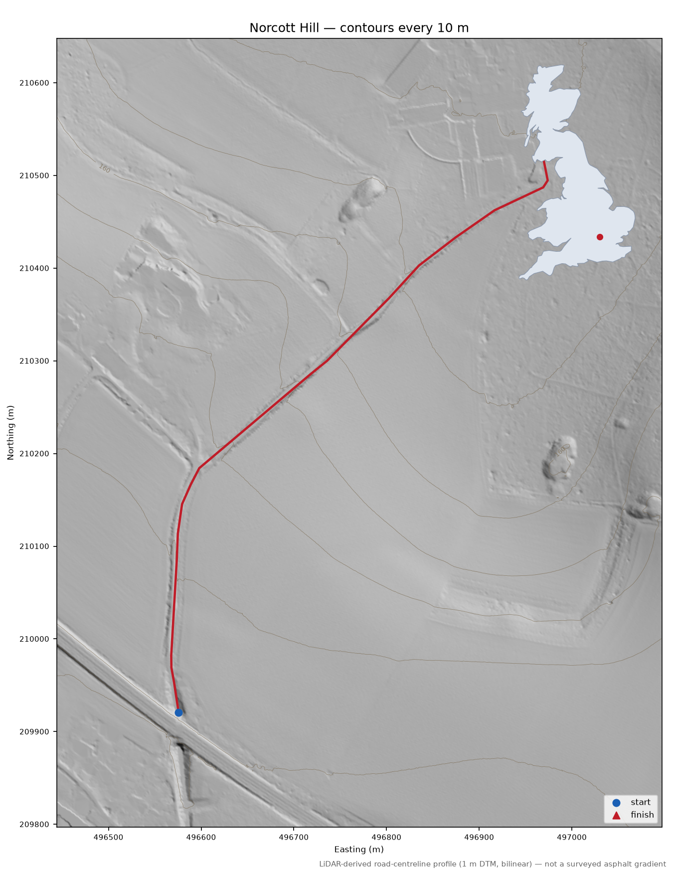 Norcott Hill LiDAR hillshade map with contours