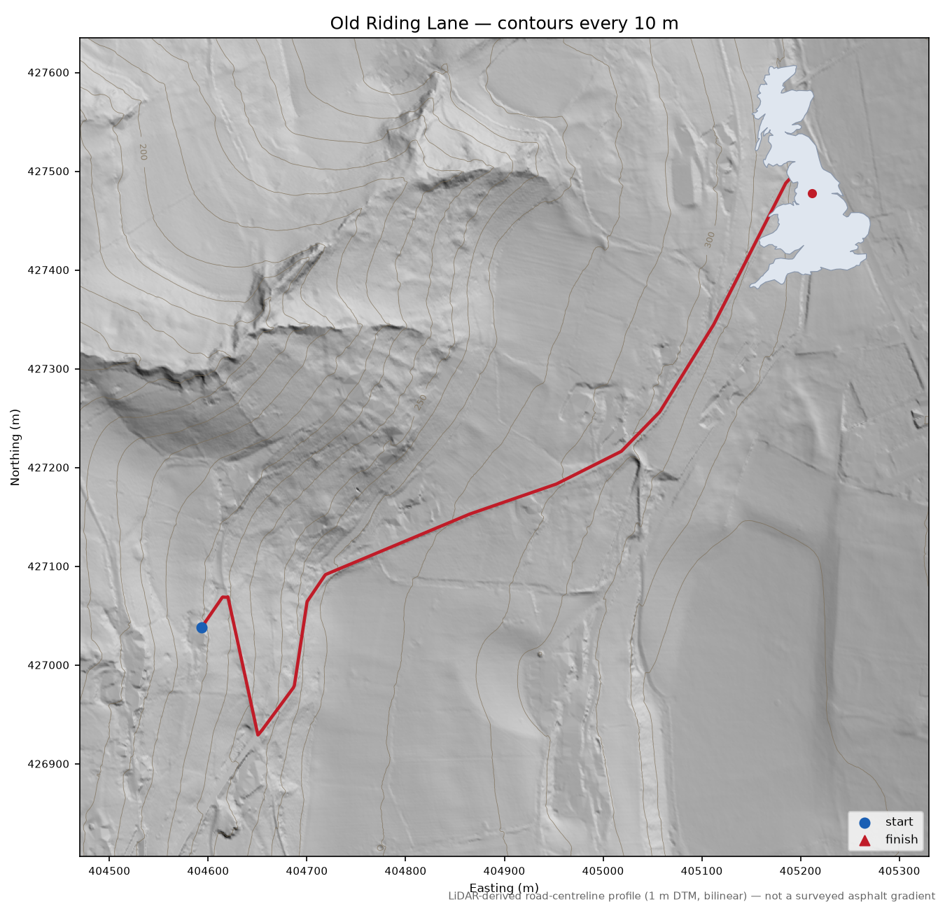 Old Riding Lane LiDAR hillshade map with contours