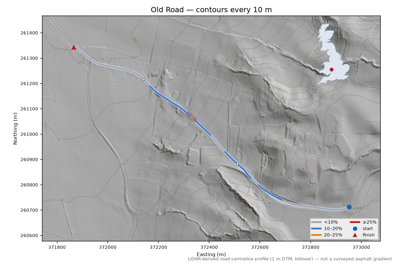 Old Road LiDAR hillshade map with contours