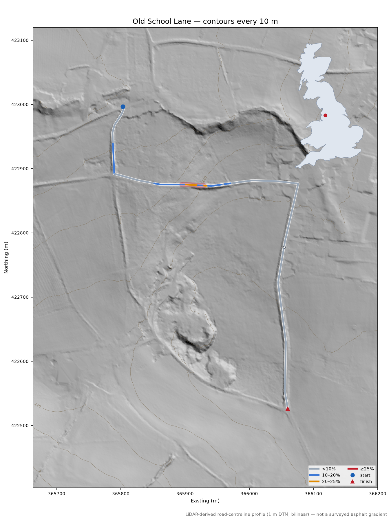 Old School Lane LiDAR hillshade map with contours
