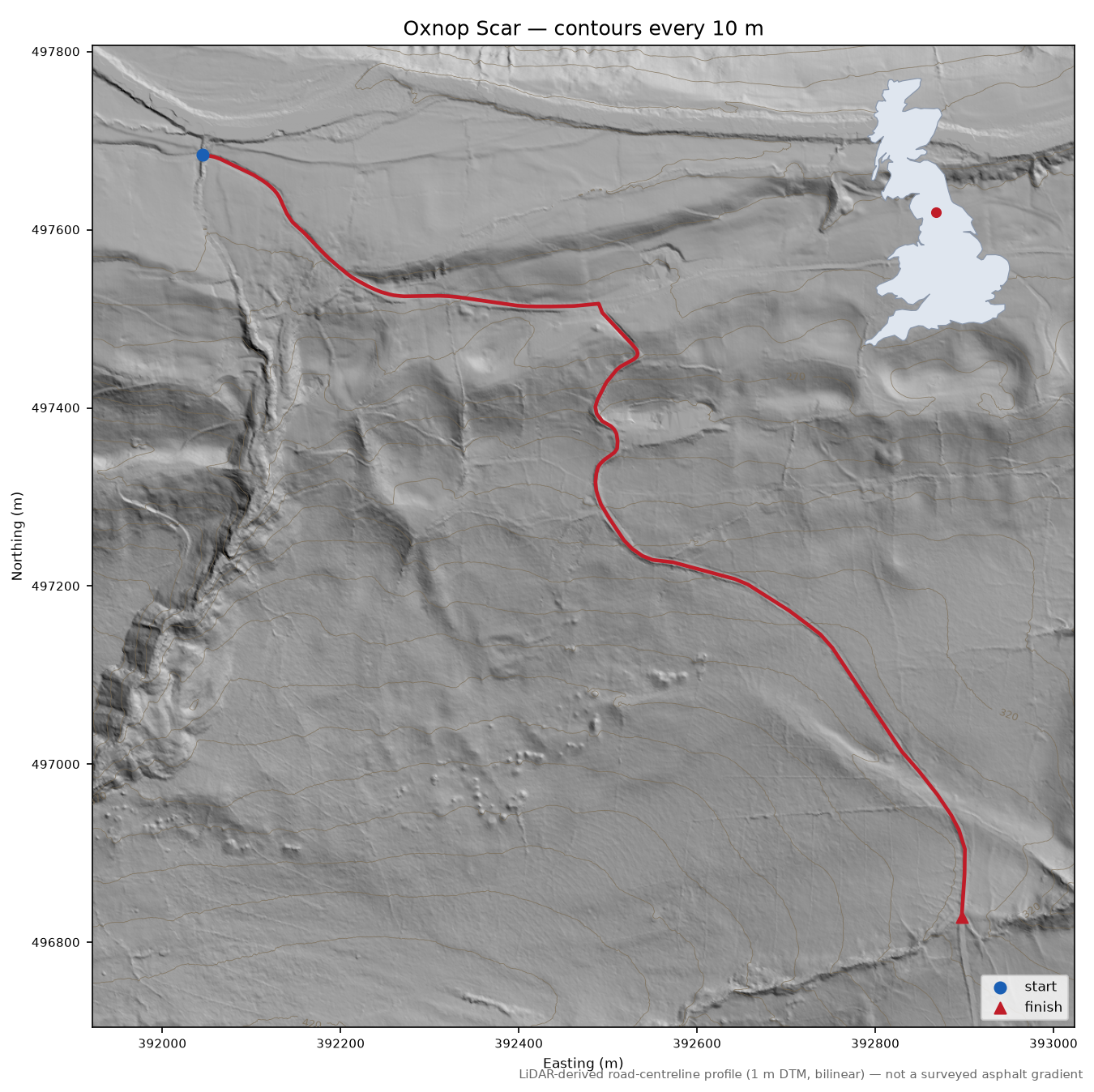 Oxnop Scar LiDAR hillshade map with contours