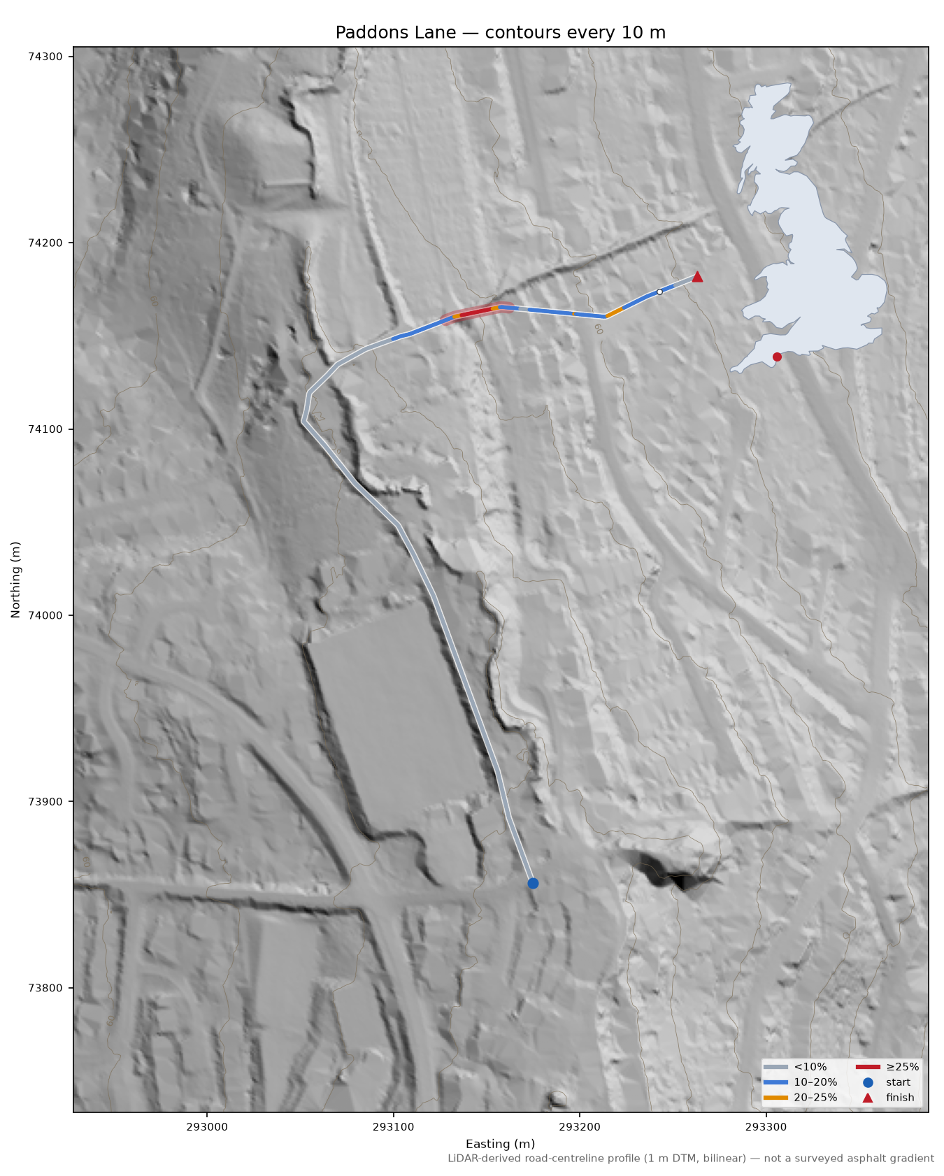 Paddons Lane LiDAR hillshade map with contours