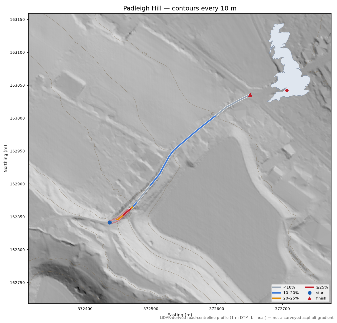 Padleigh Hill LiDAR hillshade map with contours