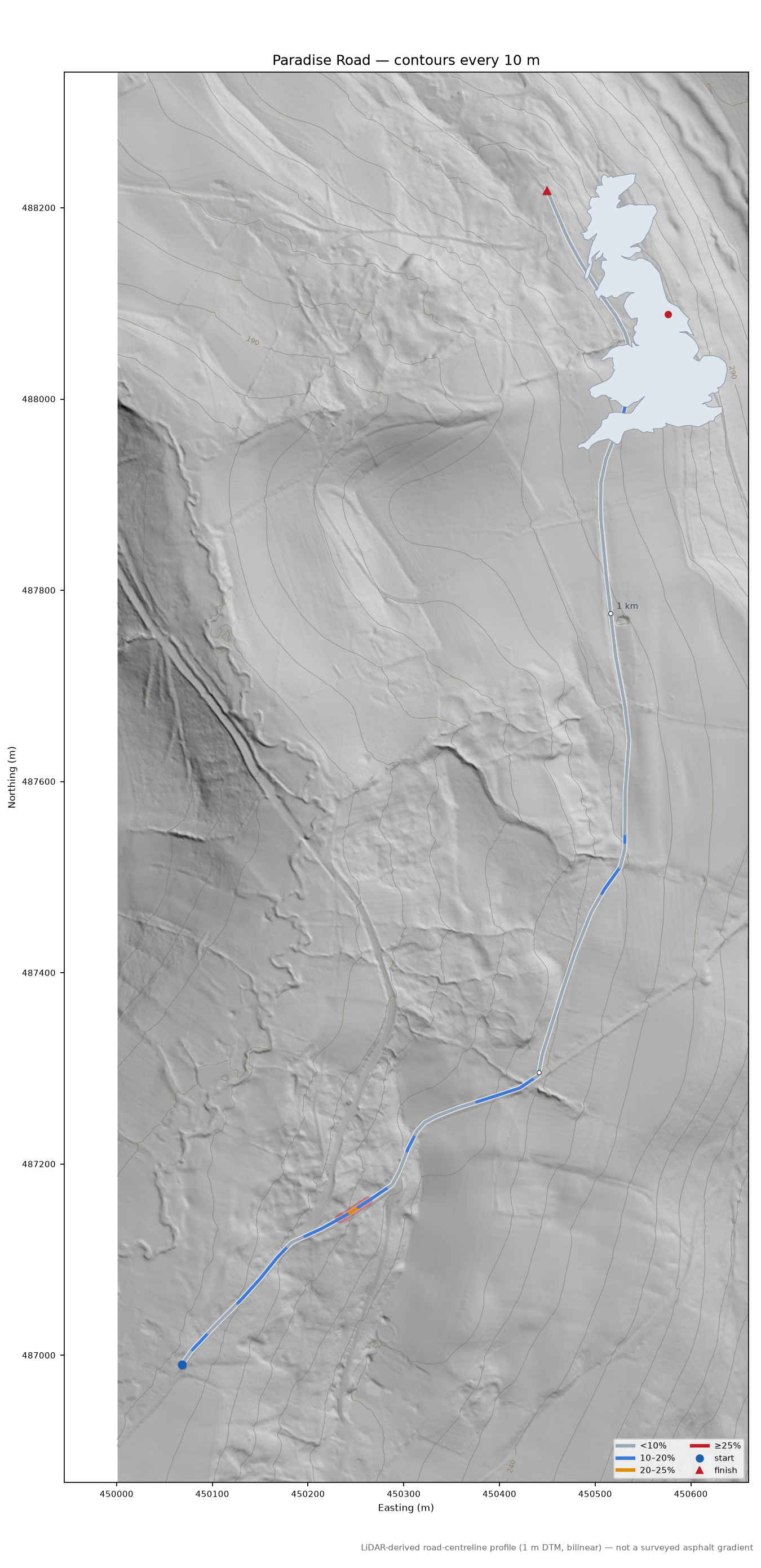 Paradise Road LiDAR hillshade map with contours