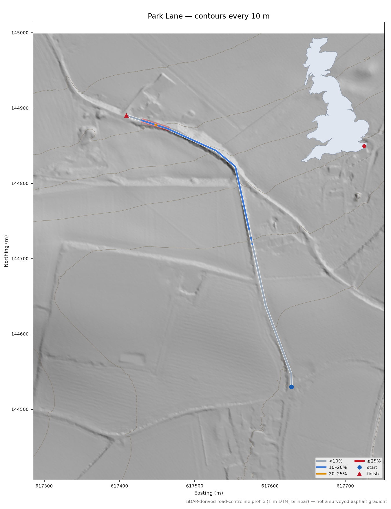 Park Lane LiDAR hillshade map with contours