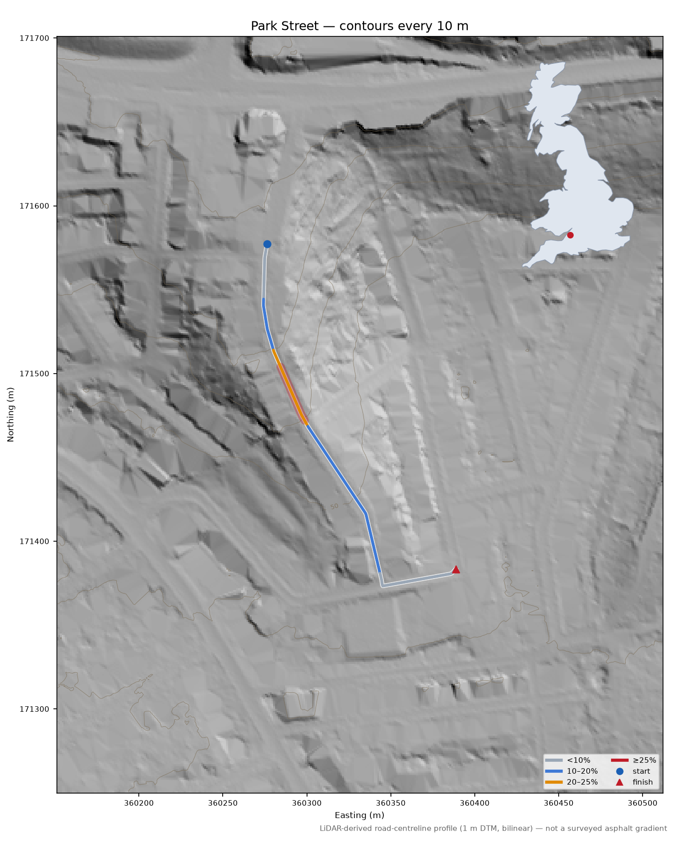 Park Street LiDAR hillshade map with contours