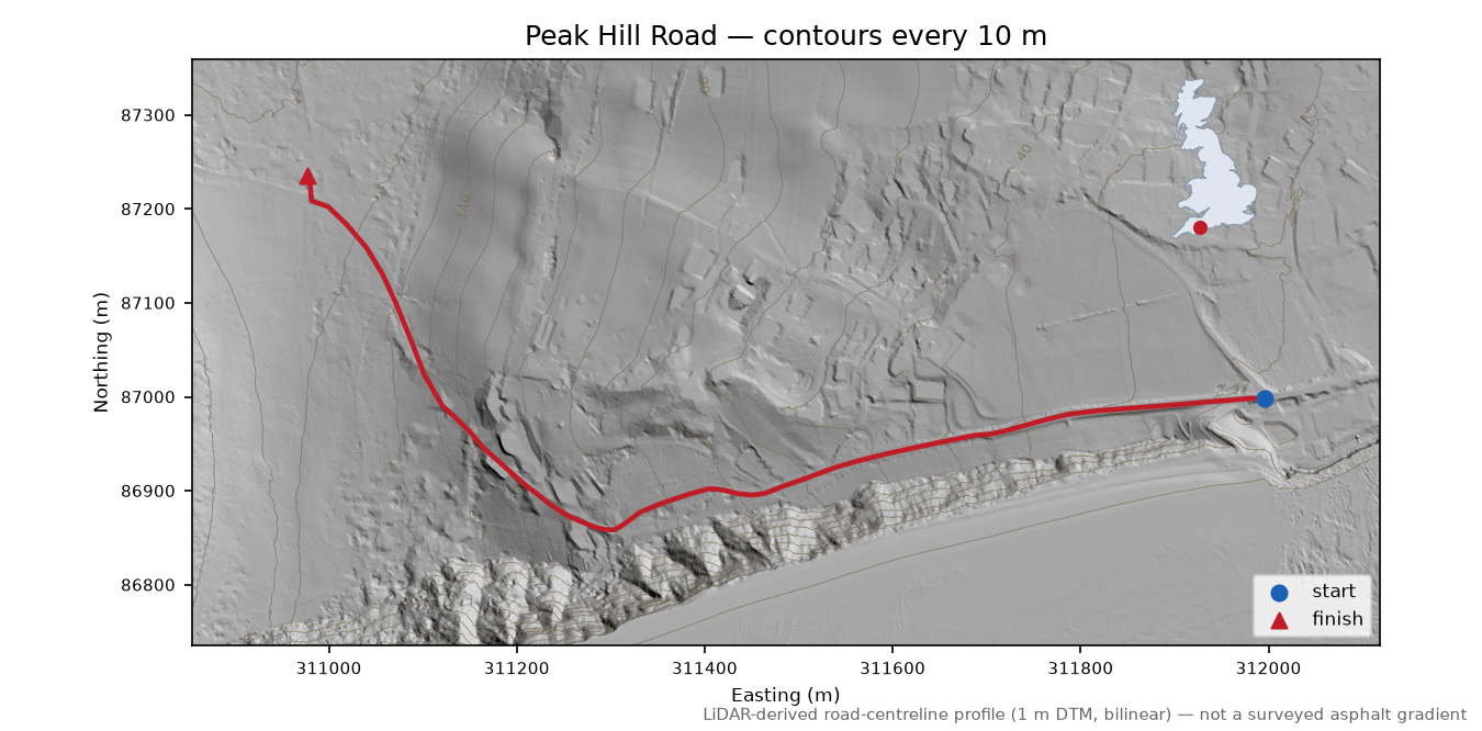Peak Hill Road LiDAR hillshade map with contours