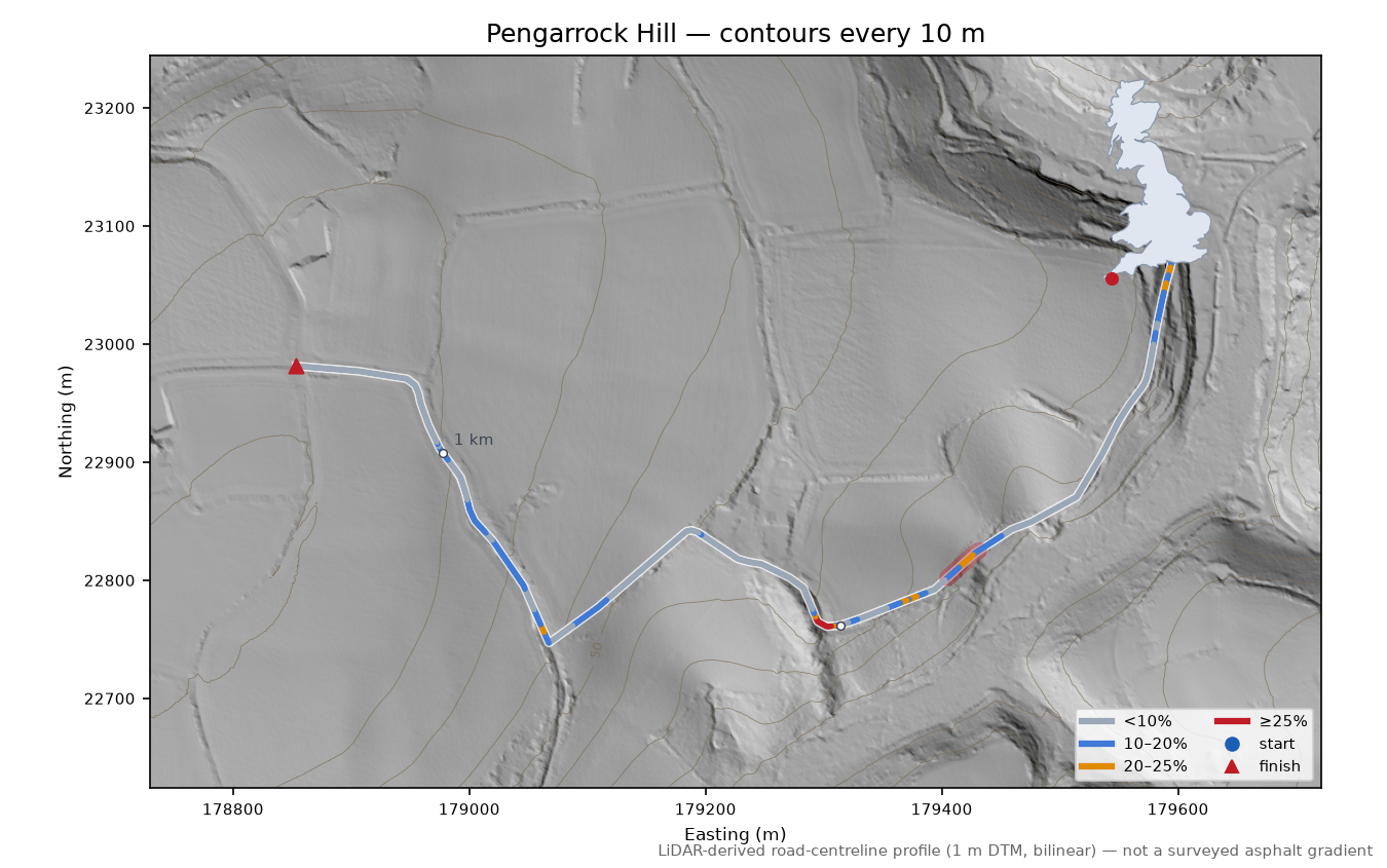 Pengarrock Hill LiDAR hillshade map with contours