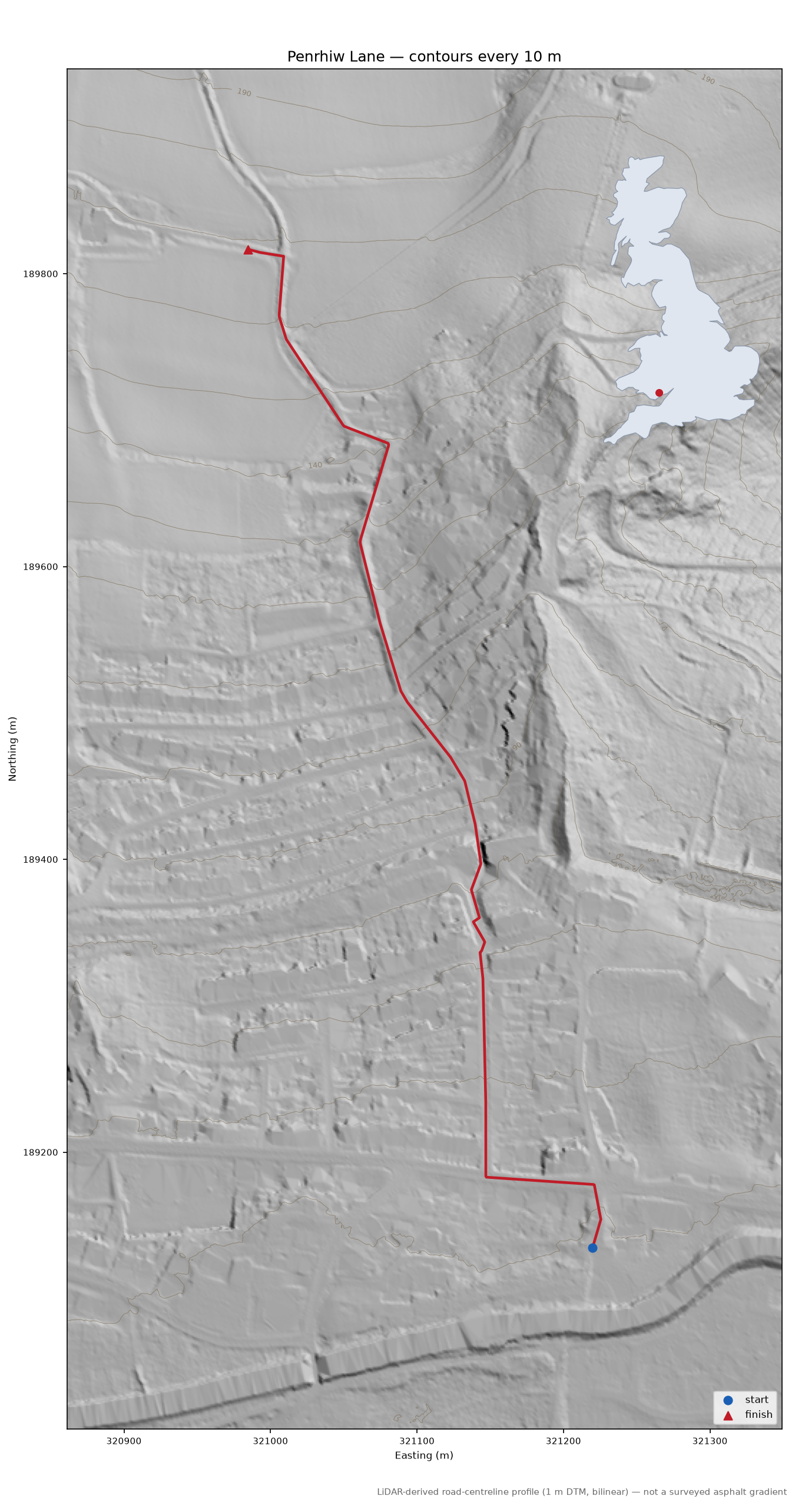 Penrhiw Lane LiDAR hillshade map with contours