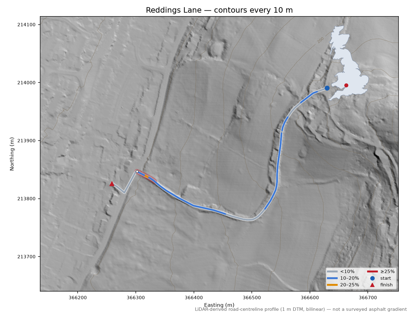 Reddings Lane LiDAR hillshade map with contours