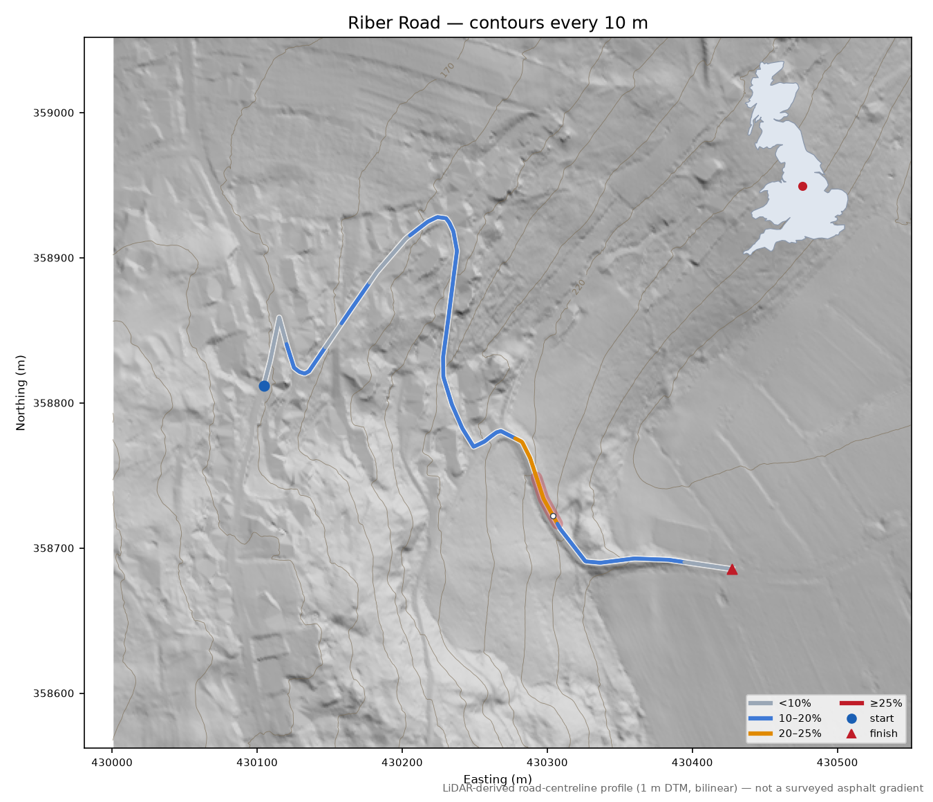 Riber Road LiDAR hillshade map with contours