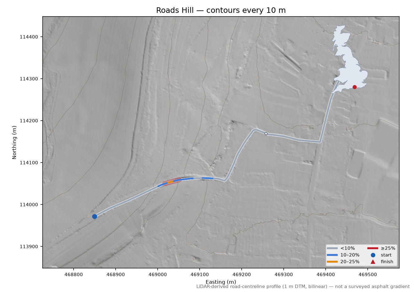 Roads Hill LiDAR hillshade map with contours