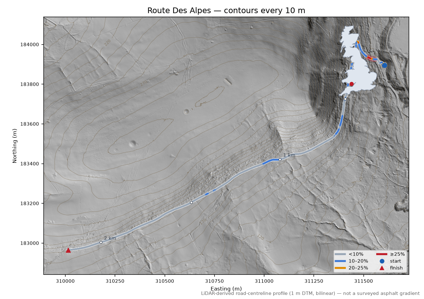 Route Des Alpes LiDAR hillshade map with contours