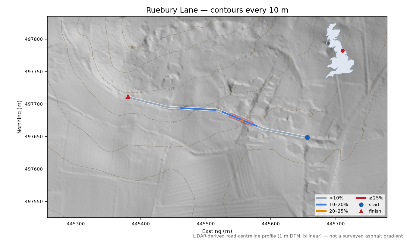 Ruebury Lane LiDAR hillshade map with contours