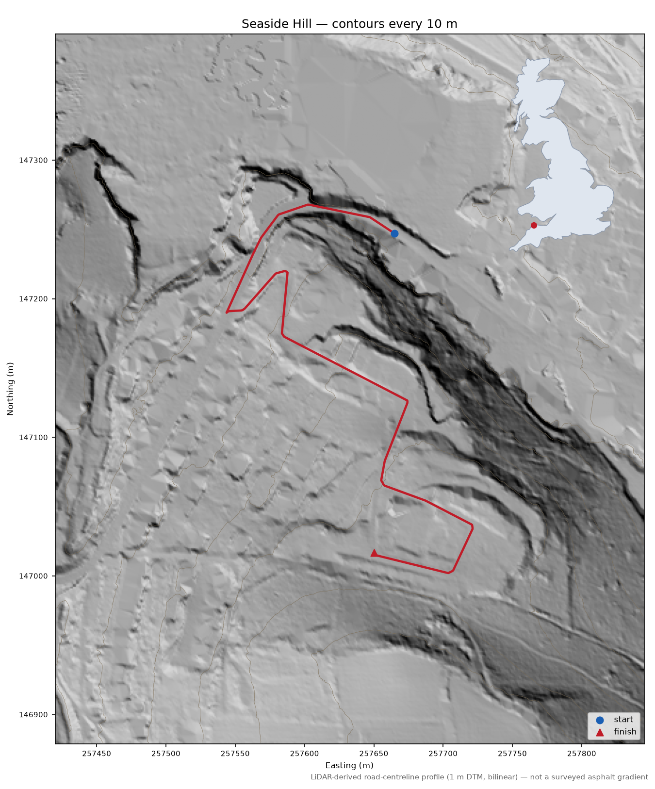 Seaside Hill LiDAR hillshade map with contours