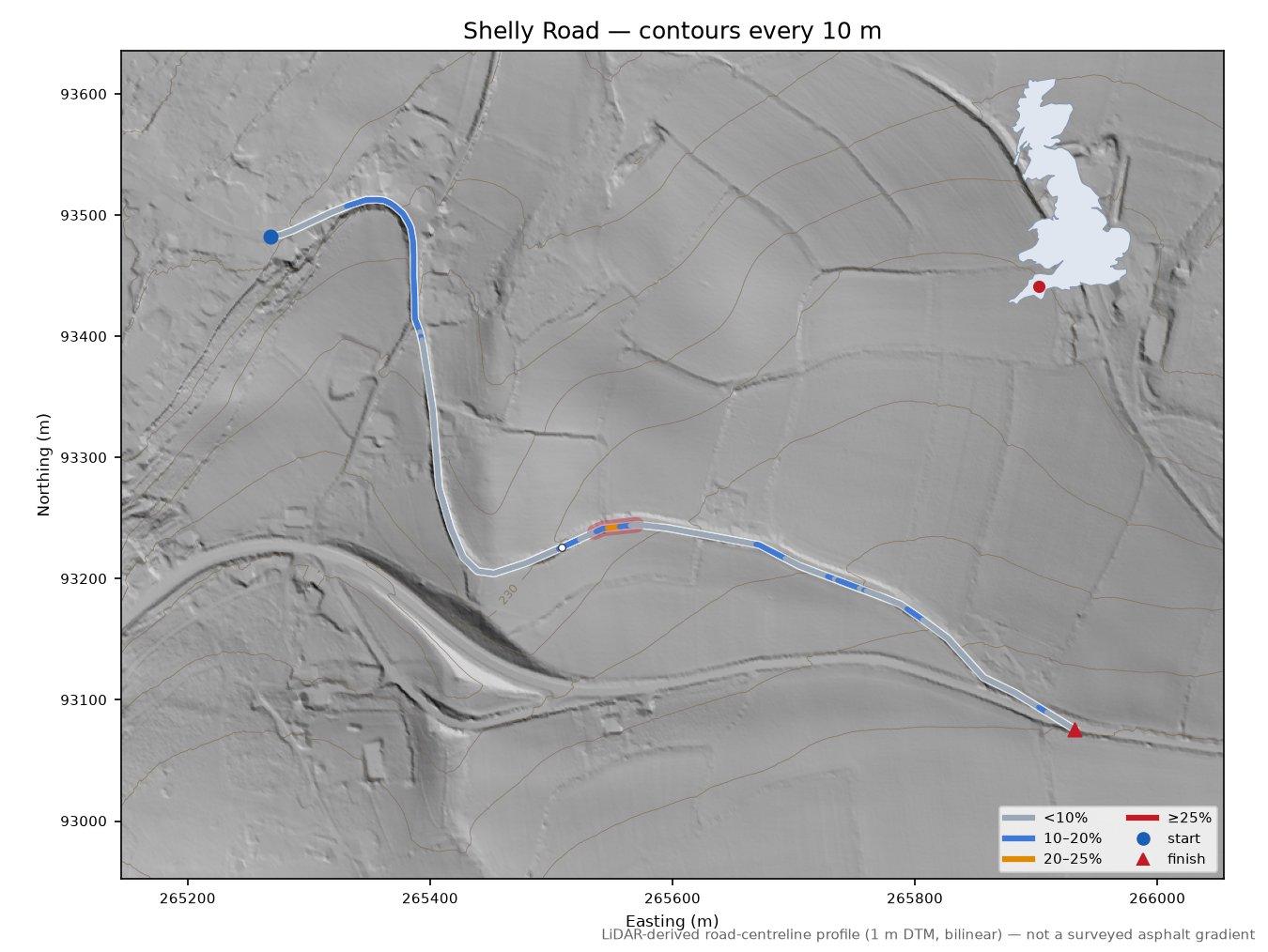 Shelly Road LiDAR hillshade map with contours