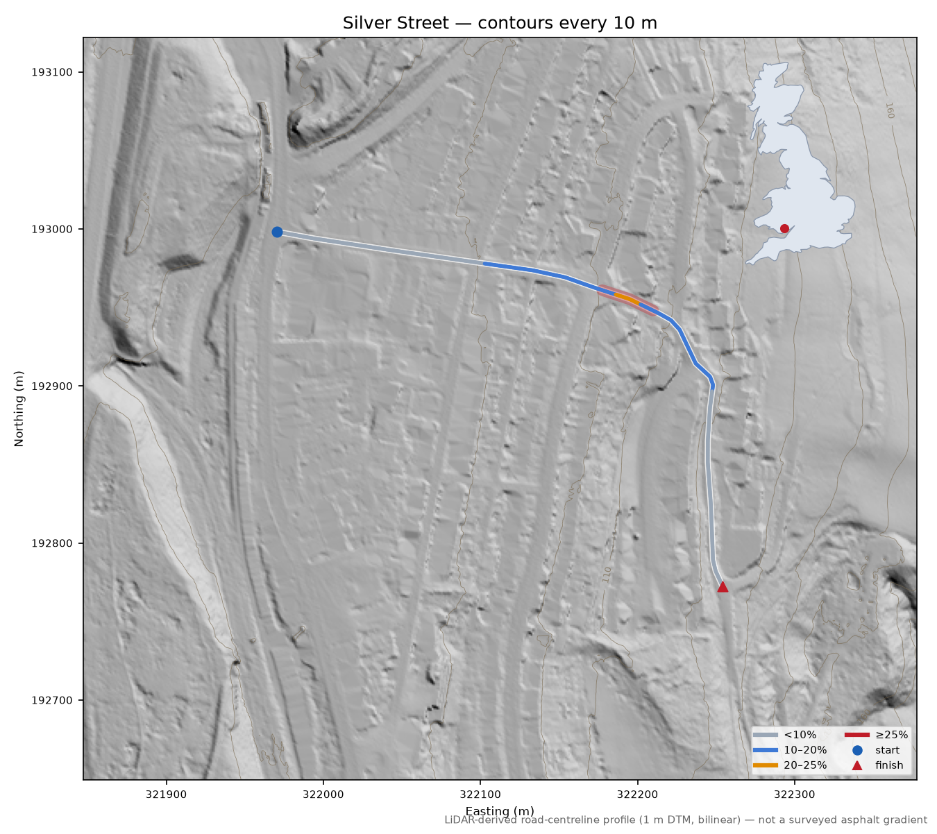 Silver Street LiDAR hillshade map with contours