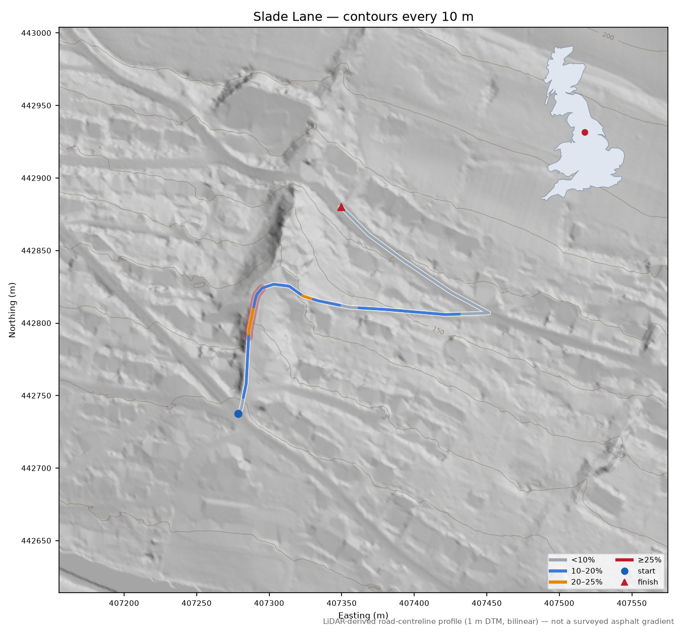 Slade Lane LiDAR hillshade map with contours