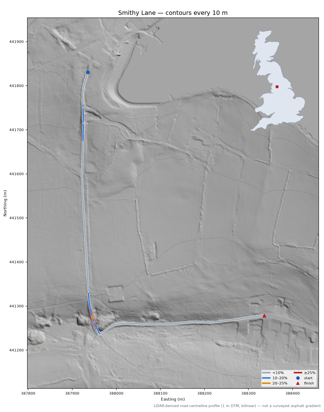 Smithy Lane LiDAR hillshade map with contours