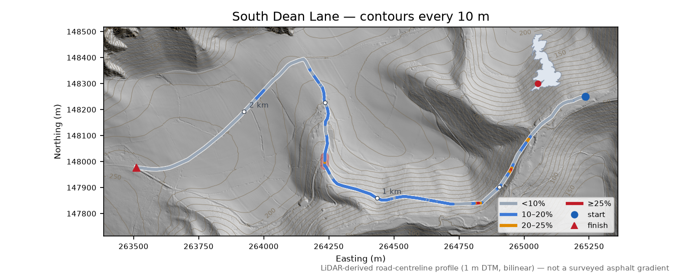 South Dean Lane LiDAR hillshade map with contours