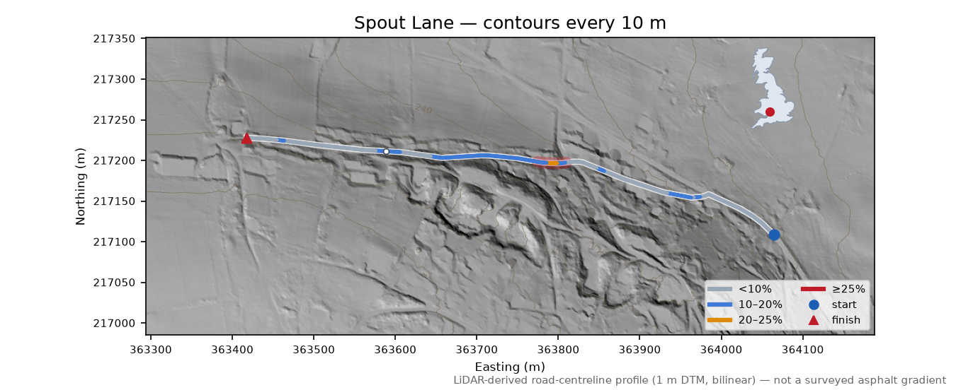 Spout Lane LiDAR hillshade map with contours