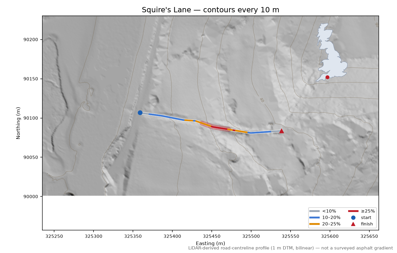 Squire's Lane LiDAR hillshade map with contours