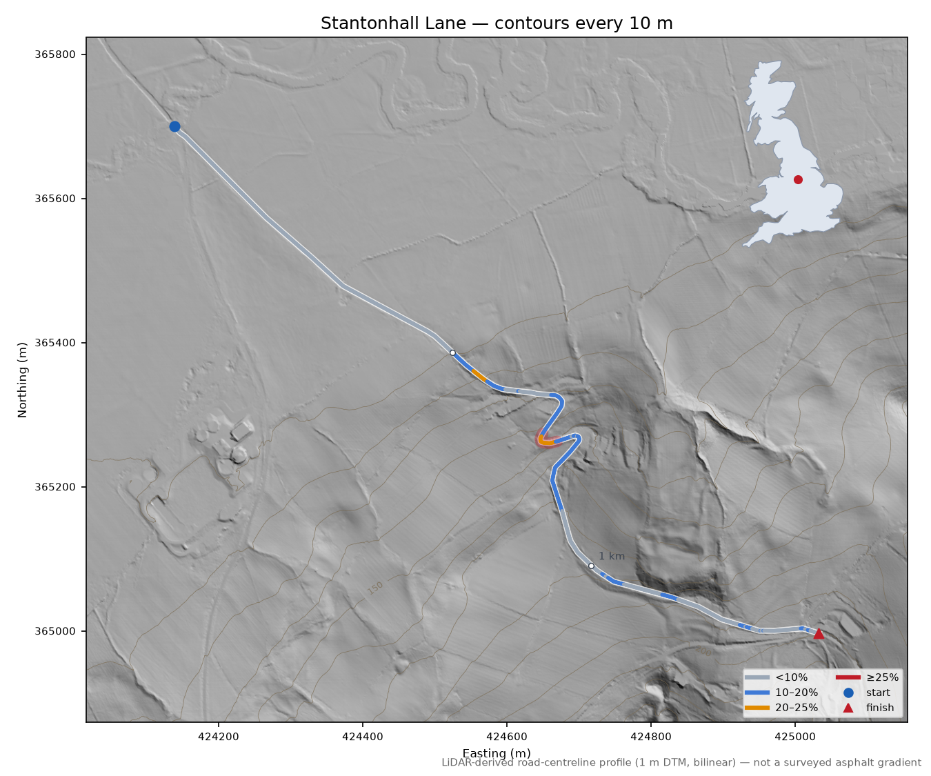 Stantonhall Lane LiDAR hillshade map with contours