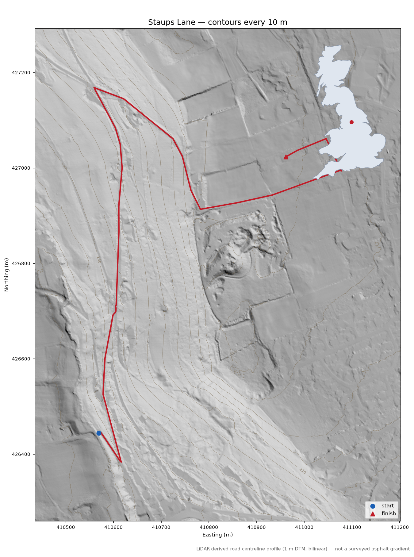Staups Lane LiDAR hillshade map with contours