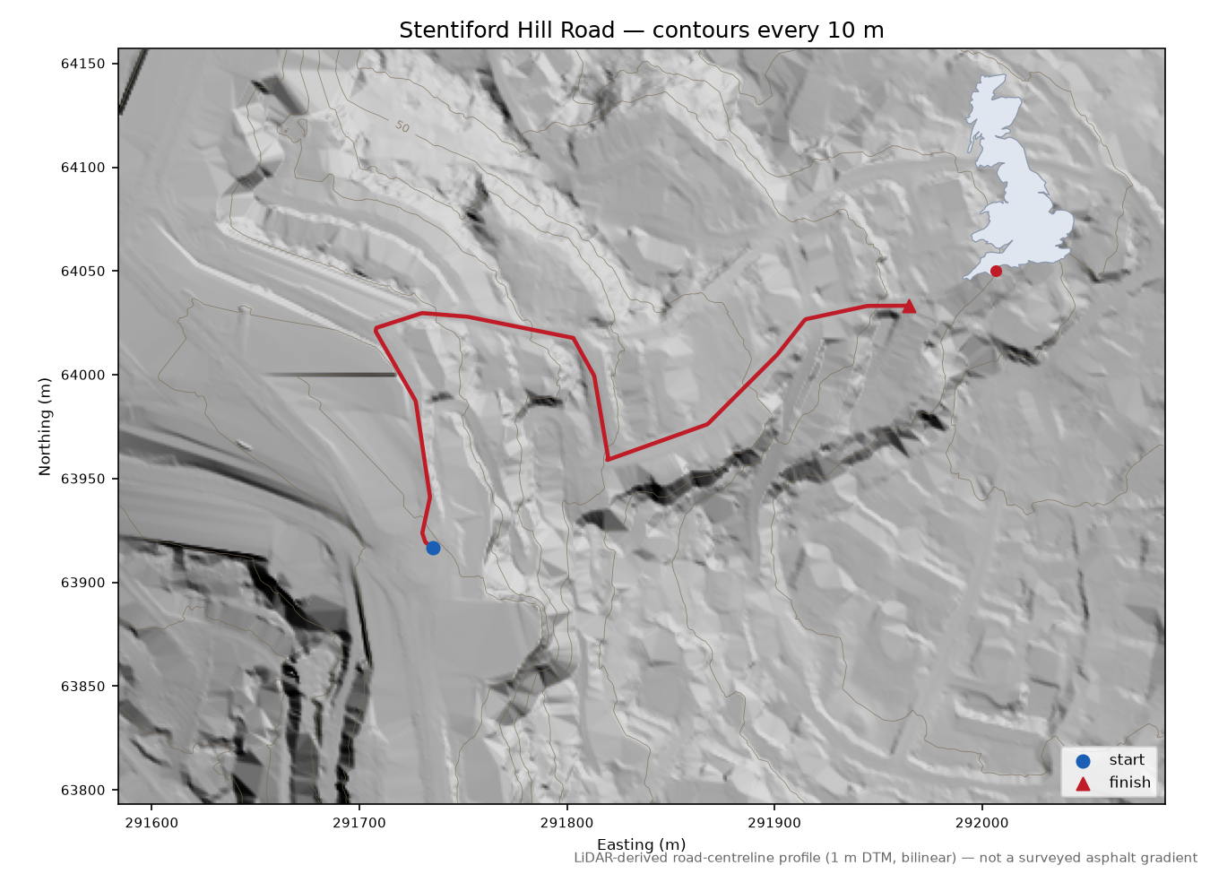 Stentiford Hill Road LiDAR hillshade map with contours