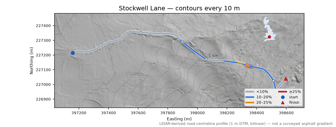 Stockwell Lane LiDAR hillshade map with contours