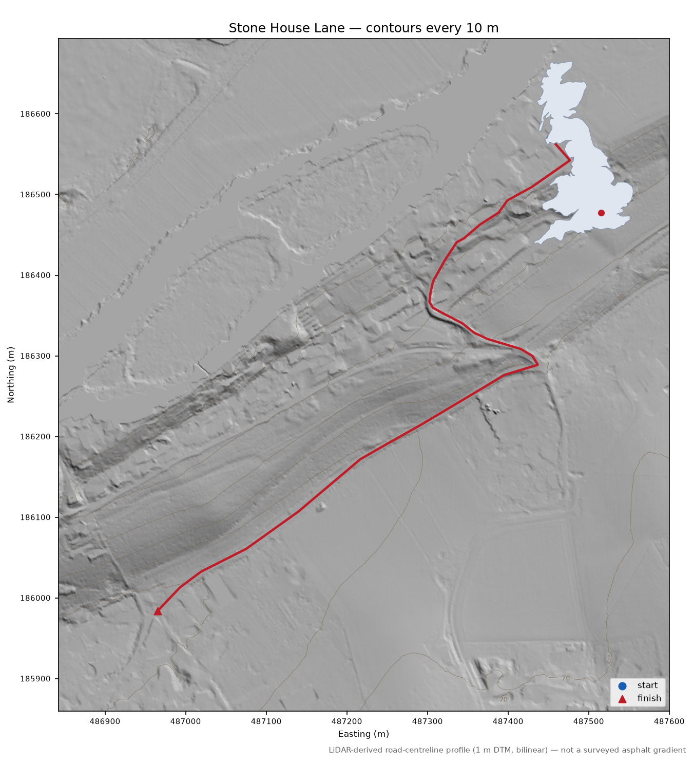 Stone House Lane LiDAR hillshade map with contours