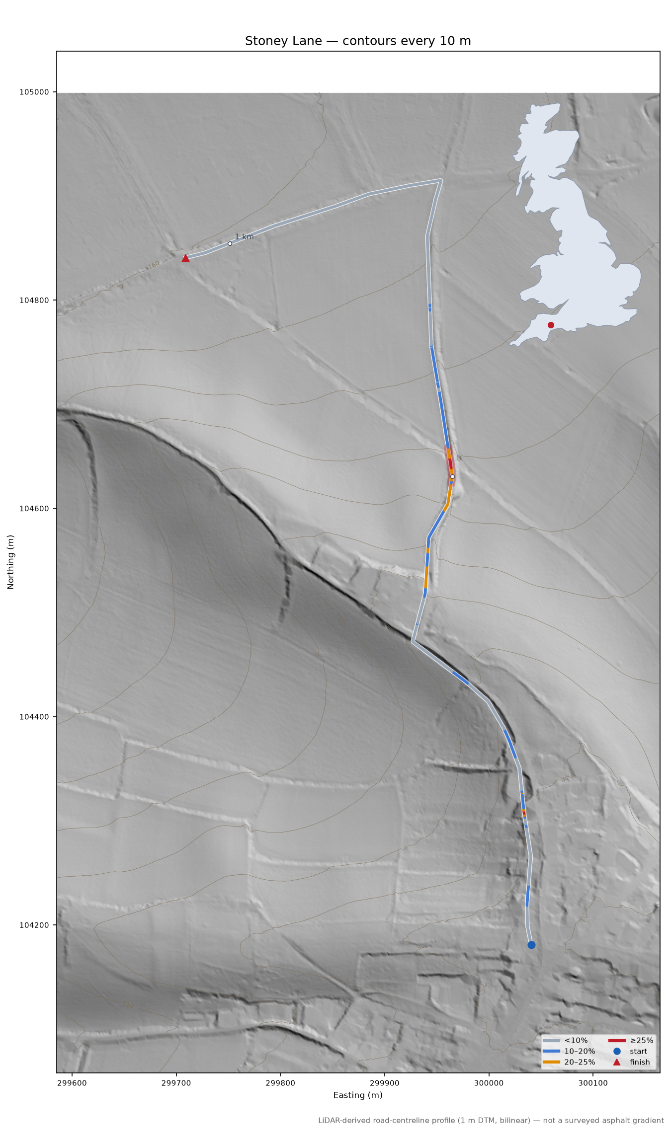 Stoney Lane LiDAR hillshade map with contours
