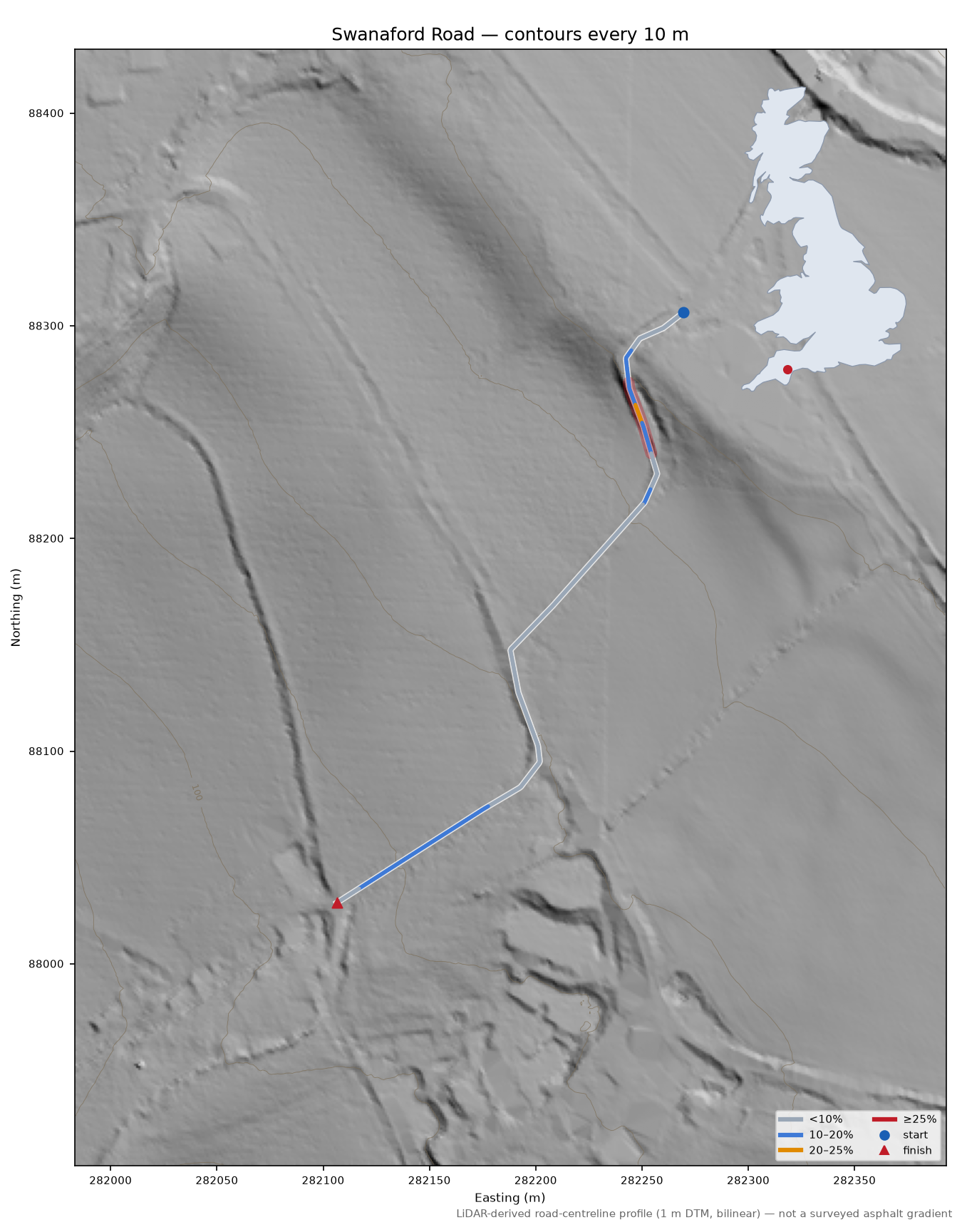 Swanaford Road LiDAR hillshade map with contours