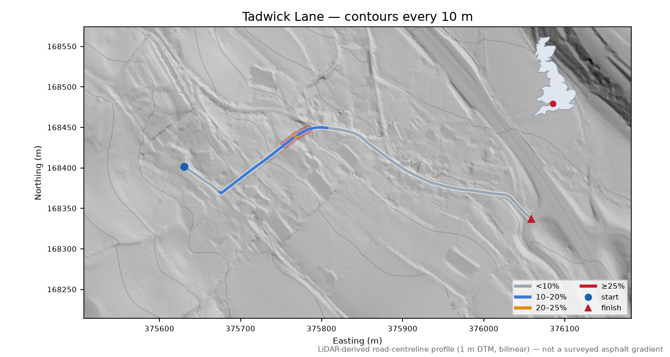 Tadwick Lane LiDAR hillshade map with contours