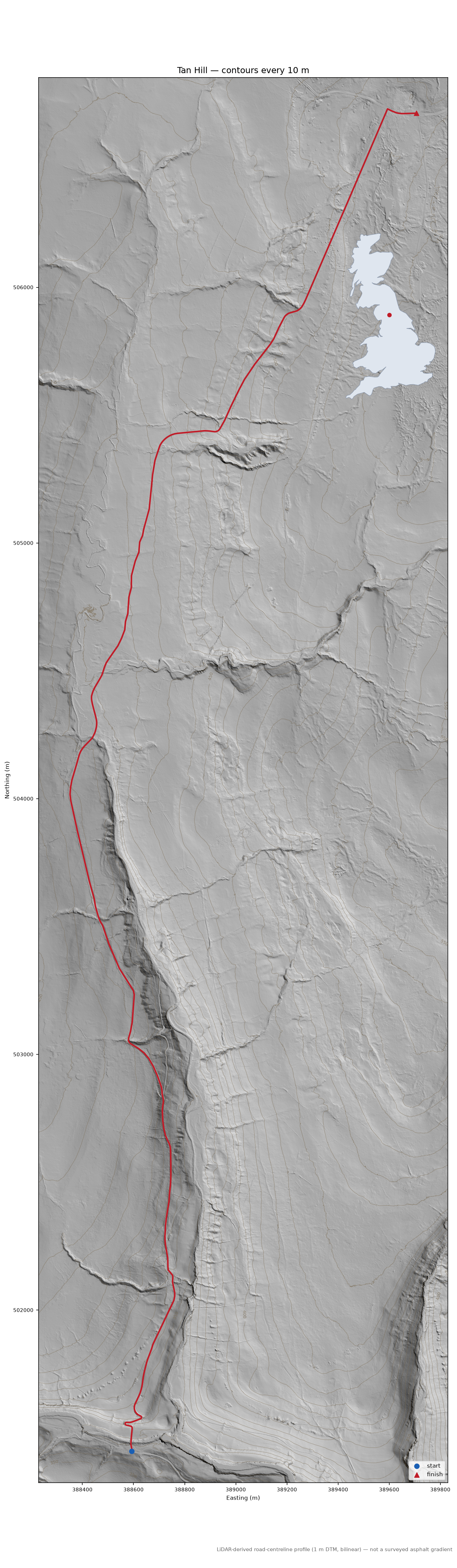 Tan Hill LiDAR hillshade map with contours