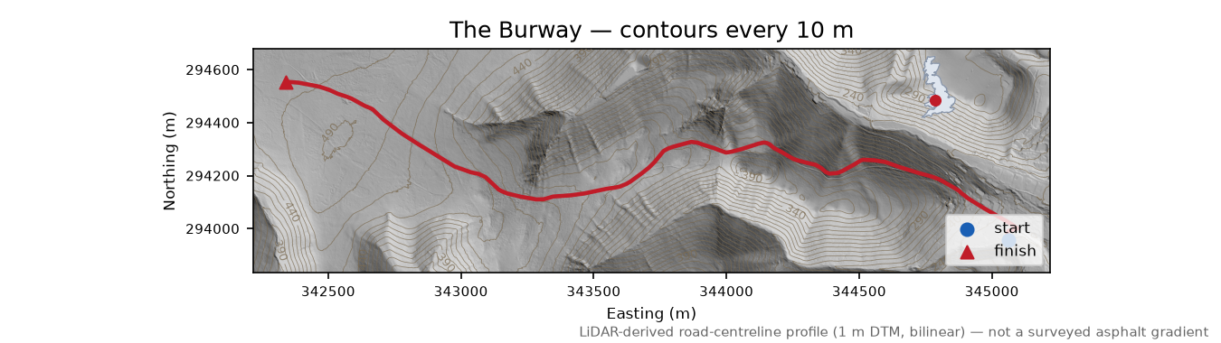 The Burway LiDAR hillshade map with contours