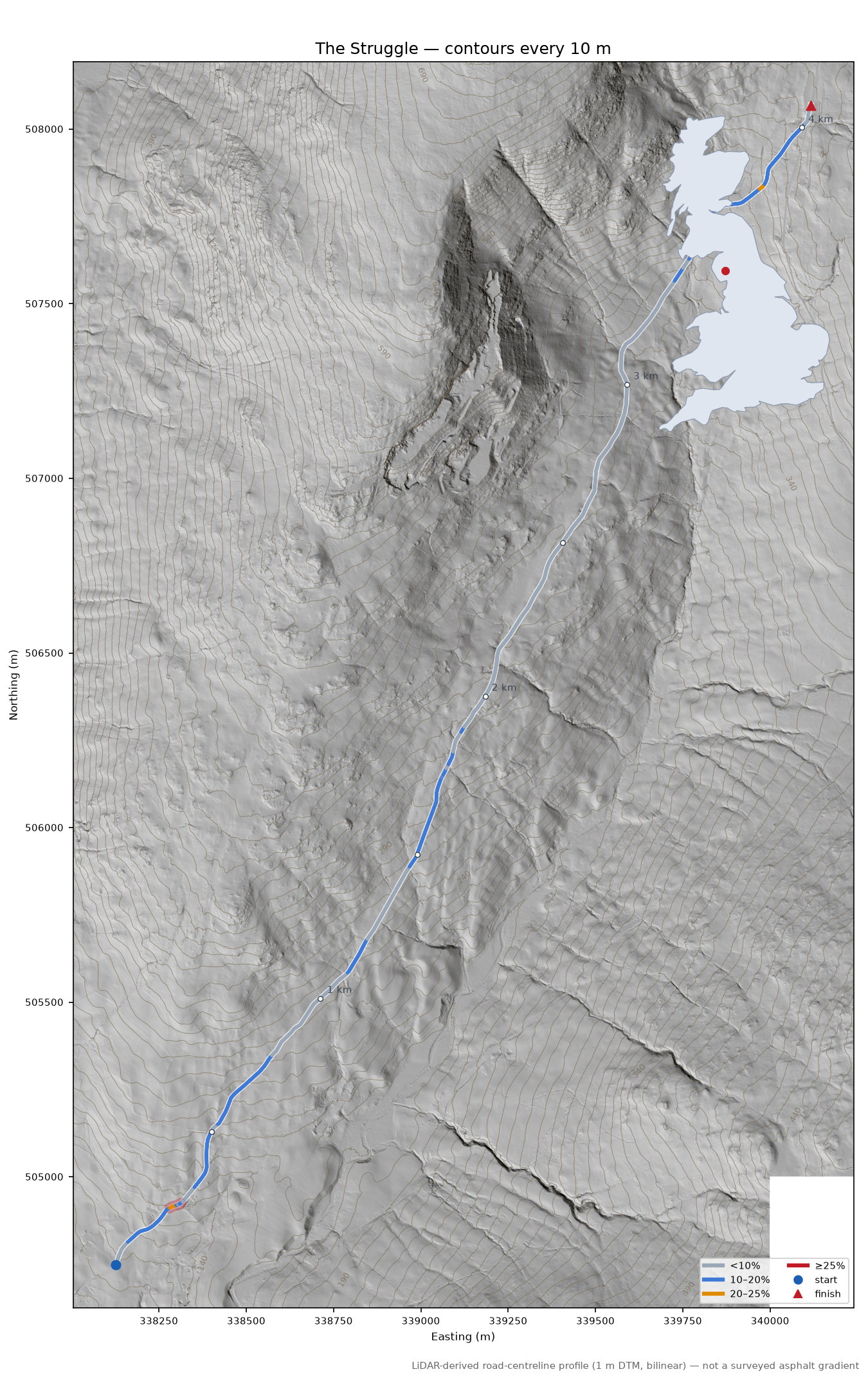 The Struggle LiDAR hillshade map with contours