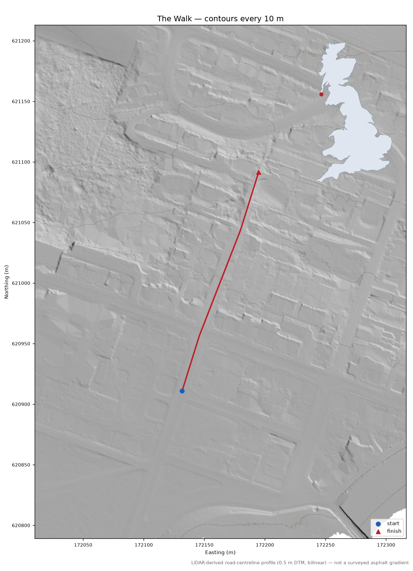 The Walk LiDAR hillshade map with contours