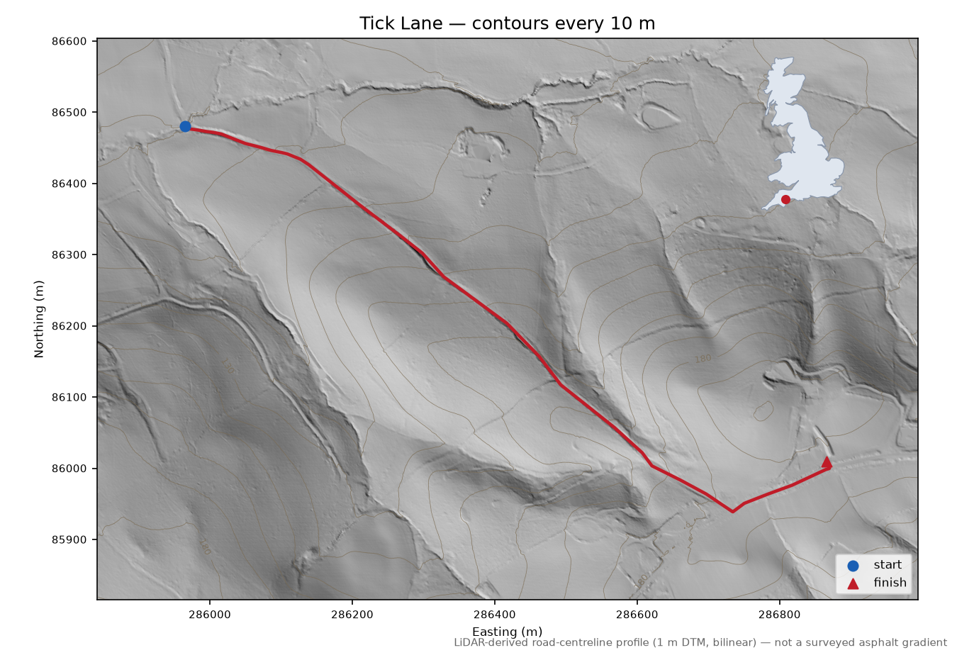 Tick Lane LiDAR hillshade map with contours