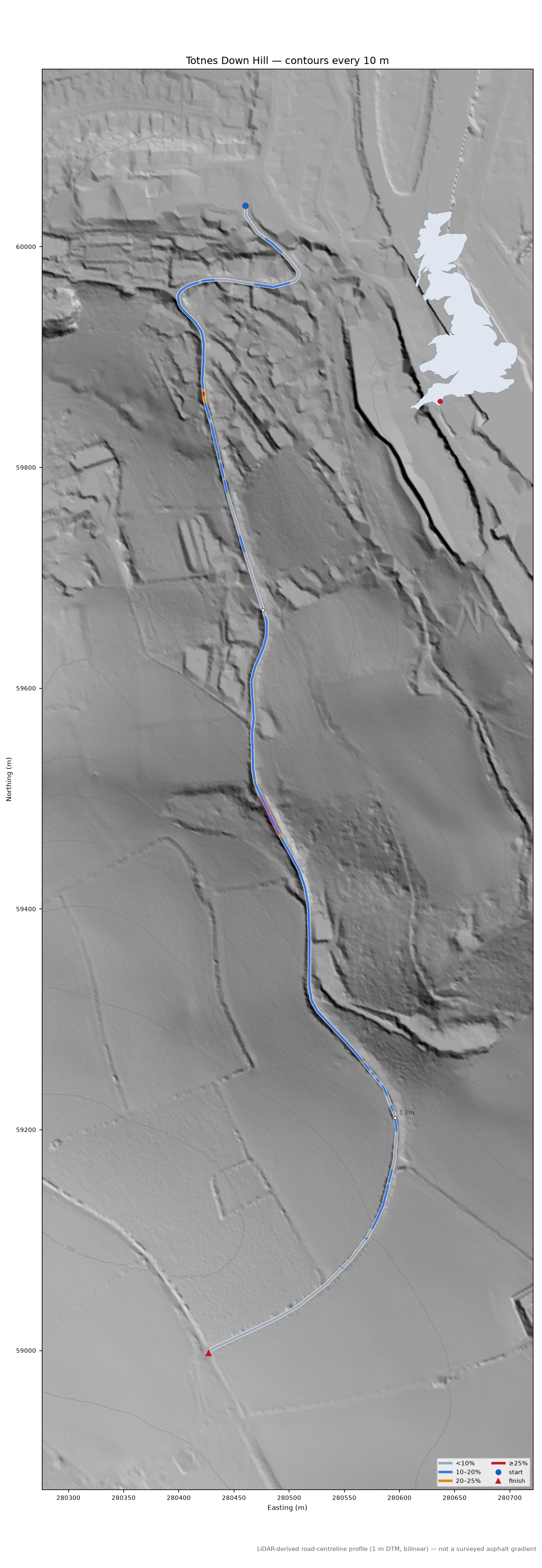 Totnes Down Hill LiDAR hillshade map with contours