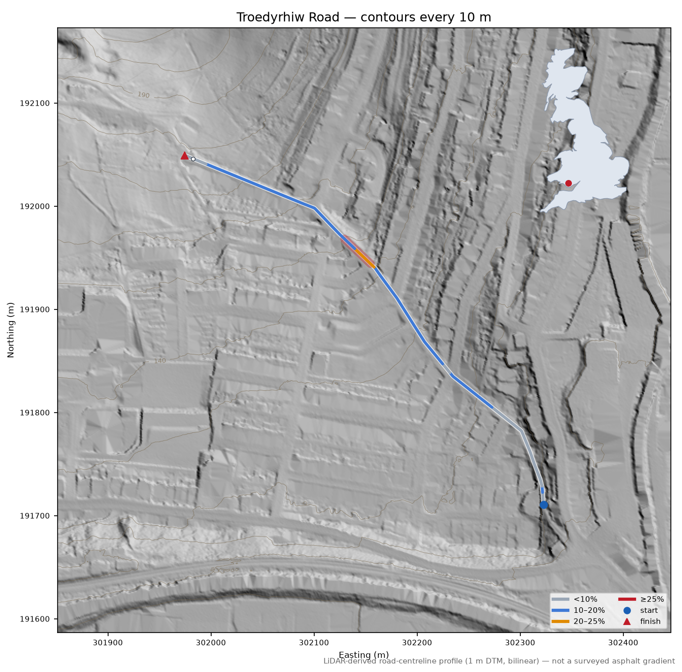 Troedyrhiw Road LiDAR hillshade map with contours